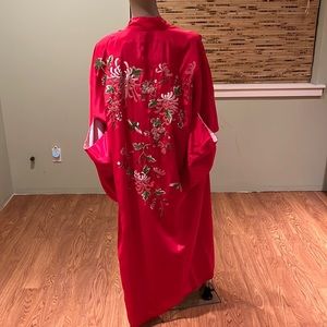 Vintage Japanese  Embroidered Kimono Red With Flowers And Birds